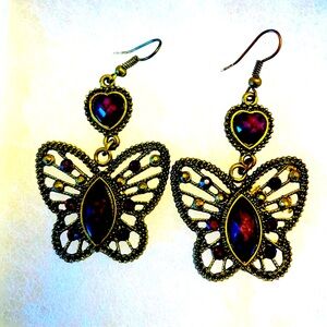 Butterfly and Heart Faceted Amethyst Crystal Hanging Earrings